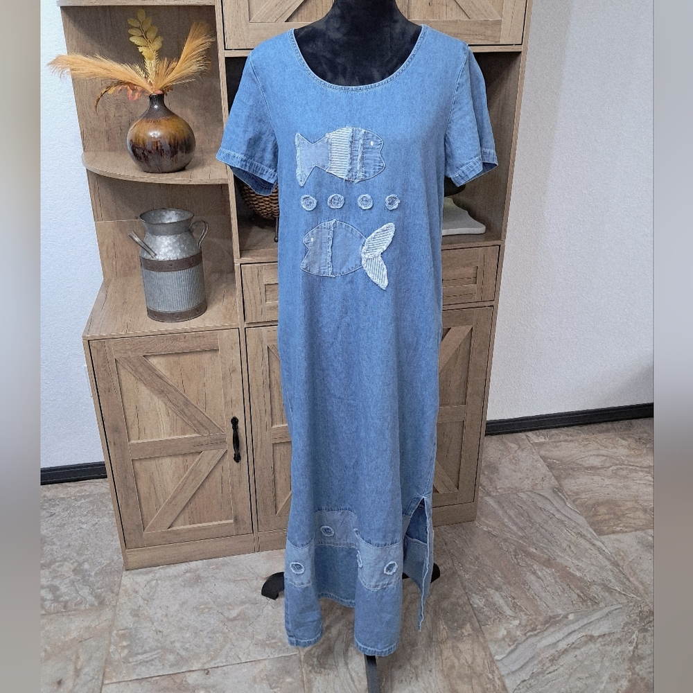 Vintage Y2K Bleu Bayou Denim Maxi Dress Patch Work Short Sleeve Coastal Nautical